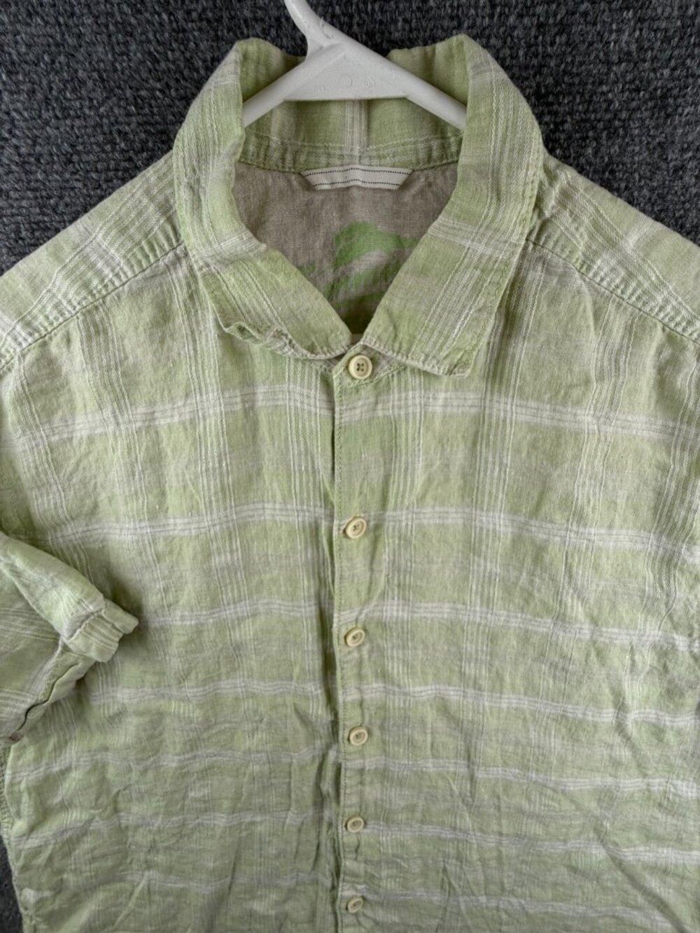 Tommy Bahama 100% LINEN Men Short Sleeve Button Up Shirt Green Plaid XL Woven